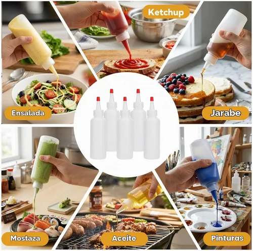 Vista 7 de 5 botellas de plástico para exprimir condimentos, botellas de 4 onzas con tapa superior roja giratoria, botella de plástico vacía para salsas