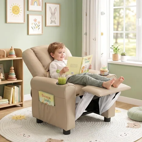 Vista 4 de Silla reclinable de piel sintética para niños, sofá reclinable para niños Beige