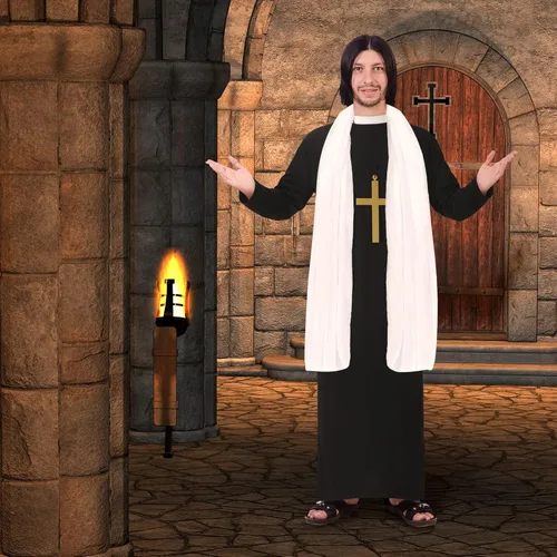 Vista 3 de Jiuguva Disfraz de sacerdote de 3 piezas para hombres adultos, disfraz de sacerdote de Halloween con bata de padre, estola blanca, cruz de monje