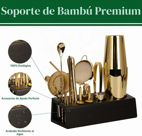 Vista 2 de Juego de coctelera dorada de 15 piezas con soporte de bambú Stainless Steel Bar Set Accessories, Professional Bartending Kit Home Bar Tools Set