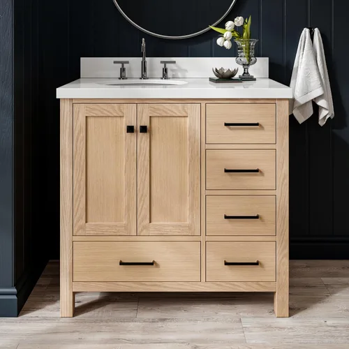 Vista 81 de ARIEL Cambridge tocador de baño con fregadero, madera maciza, encimera y protector contra salpicaduras de cuarzo blanco puro de 1.5 pulgadas