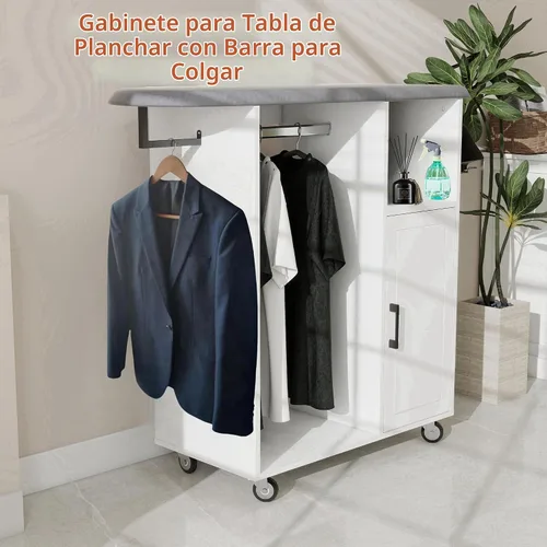 Vista 3 de Gabinete de tabla de planchar con almacenamiento, estación de planchar independiente sobre ruedas con soporte de hierro resistente al calor, 2