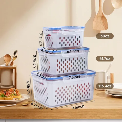 Vista 2 de Juego de 3 recipientes de almacenamiento de frutas para refrigerador con colador extraíble, tapa con colador, verduras y frutas, plástico sin BPA