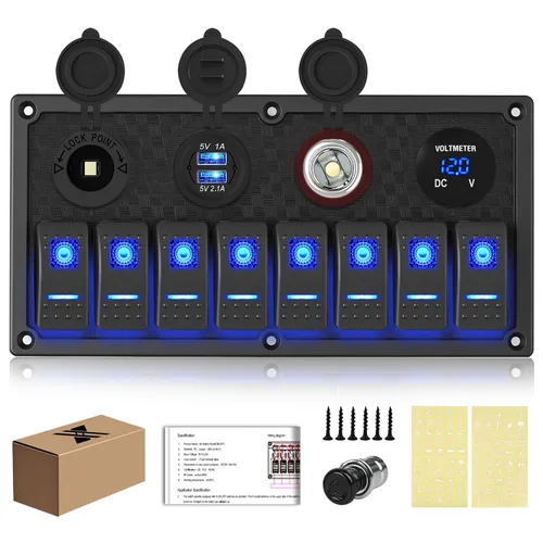 Vista 16 de Panel de interruptores basculantes para lanchas marinas, panel de interruptor de palanca impermeable de 8 bandas con doble USB y panel voltímetro