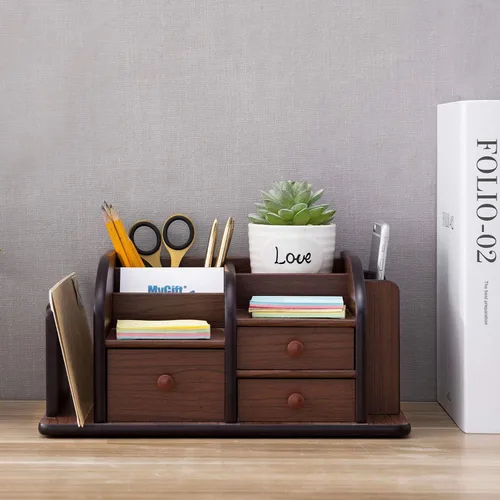 Vista 5 de MyGift organizador de elementos de escritorio y oficina, madera marrón, mueble con 3 gavetas, 3 compartimentos y 2 estantes