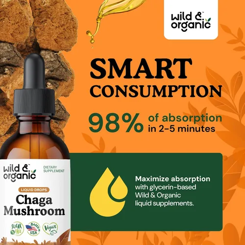 Vista 4 de Wild & Organic Tintura de hongos Chaga - Apoyo inmunológico con extracto líquido de hongo Chaga - Suplemento de gotas de inmunidad - Vegano, sin