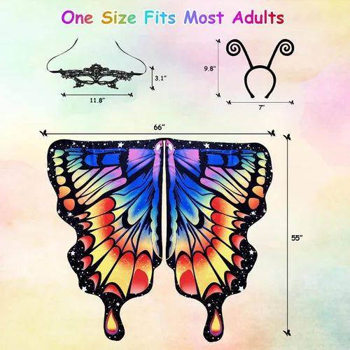 Vista 5 de Tibeha ButterflyWingsforWomen Kids - Double-SidedPrintingCostumeHalloweenGirls CapewithMaskandAntennaHeadband