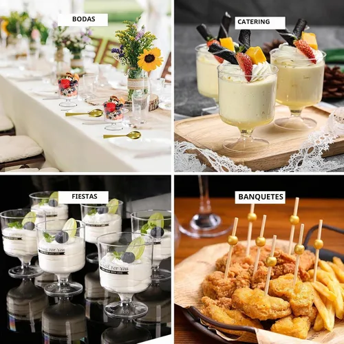 Vista 6 de DI QIU REN 120 Piezas Vasos de Postre de 5oz con Cuchara Dorada, Vaso de Plástico Transparente para Postre Parfait Aperitivo Pudín, Copas Redondas