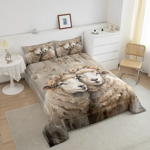 Vista 4 de Juego de edredón estampado de ovejas, juego de ropa de cama vintage de granja para niños, niñas, mujeres, adultos, parejas, ovejas, juego de edredón