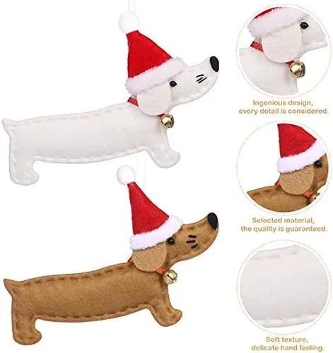 Vista 2 de Colgantes de árbol de Navidad, 4 piezas de perro salchicha, adornos colgantes de fieltro artesanal, adornos para fiesta de Navidad, decoración