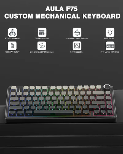 Vista 3 de AULA Combo de teclado y mouse inalámbricos, teclados mecánicos F75 Pro, 75% de junta teclado personalizado intercambiable en caliente+mouse