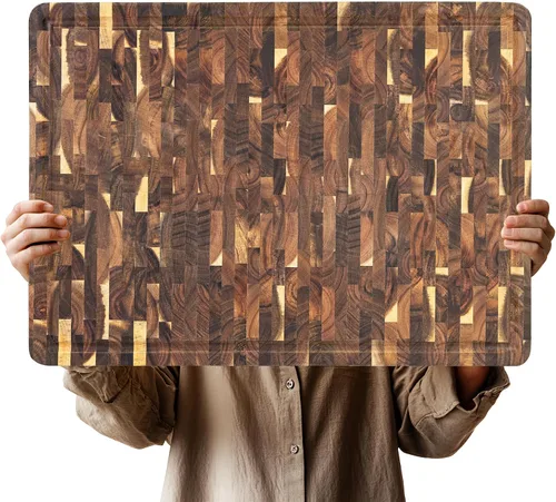 Vista 8 de Utoplike Tabla de cortar de acacia de 17 x 12 pulgadas, tabla de cortar de grano final de madera con ranura de jugo de un solo lado y asas, bloque