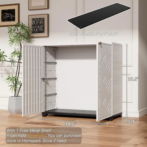Vista 7 de HOMSPARK Armario de almacenamiento para interiores y exteriores con puertas y 1 estante, caja de almacenamiento de plástico HDPE de 34 x 15 x 34