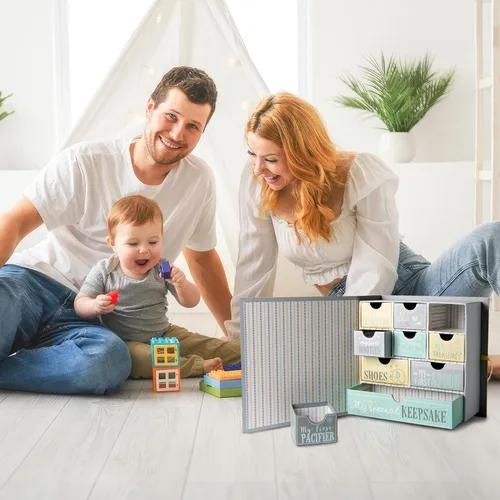Vista 7 de Votum Caja de Recuerdos para Bebé para Memorias Preciadas, Luna y Estrellas - Ligera, Cajas para Bebé Hechas a Mano con 9 Compartimentos Etiquetados