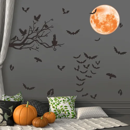 Vista 9 de Halloween Moon Wall Sticker Black Bat Wall Stickers Vinyl Crow Bird Tree Branch Wall Decals Removable Halloween Moon Bat Wall Decals Bats Window