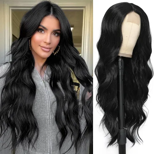 Vista 11 de Peluca de cabello sintético ondulado con encaje frontal, peluca marrón con reflejos rubios, pelucas largas onduladas de 28 pulgadas para mujeres