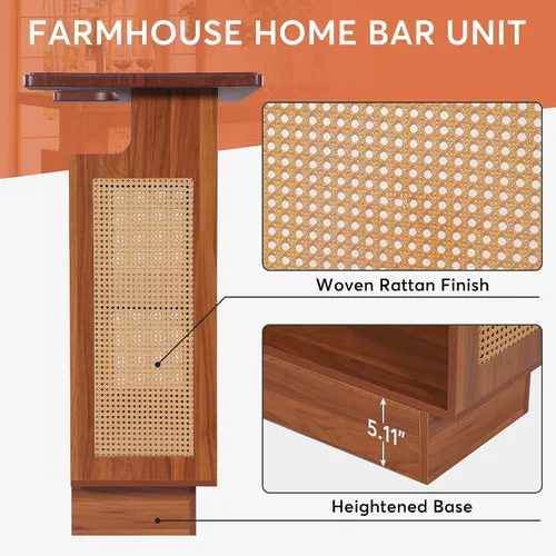 Vista 6 de Tribesigns: unidad de bar para el hogar de ratán, mesa de bar de 4 estantes estilo granja con 4 portavasos y base elevada, gabinete de bar