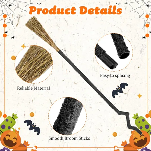 Vista 3 de Paquete de 2 4 piezas de escoba de bruja de mago torcido, escoba de bruja de Halloween, accesorio de decoración para hombres, mujeres y adultos