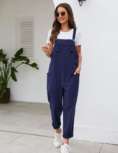 Vista 7 de COZYPOIN Overol casual para mujer, de pierna ancha, de algodón, holgado, casual, holgado, con peto