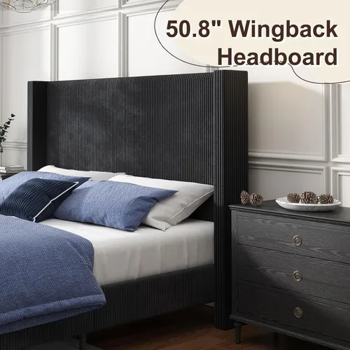 Vista 5 de HOWE - Base de cama tapizada tamaño Queen, plataforma con cabecera de 50.8" estilo abatible, patas de pana/madera maciza, no necesita somier, sin