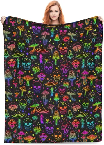 Vista 8 de Manta de calavera de hongo, forro polar, suave, ligera, acogedora, cálida, para niños y adultos, para cama, sofá, campamento, 80 x 60 pulgadas
