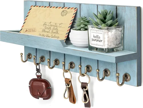 Vista 30 de Rebee Vision Soporte de Pared para Llaves de Madera de Acacia – Soporte para Llaves Estilo Granja para Pared y Organizador de Correo con Estante