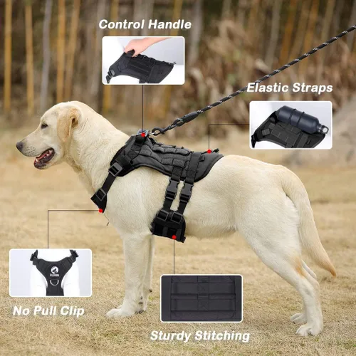 Vista 4 de Arnés táctico para perros medianos y grandes sin tirones, arnés militar con asa, chaleco para perro de servicio con paneles Molle y bucle, arnés