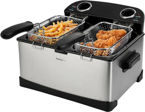 Vista 4 de PantryPro Freidora eléctrica de acero inoxidable de 4 litros/4.2 cuartos de galón, 1800 W, control de temperatura doble, 2 canastas, filtro de olor