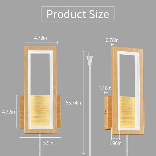 Vista 4 de Apliques de pared modernos de color madera enchufables de 18 W, lámpara de pared LED simple para interiores, 6000 K, luces de pared rectangulares