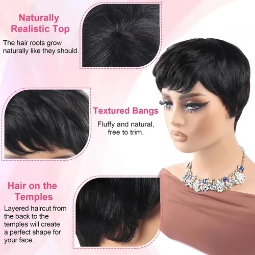 Vista 3 de Peluca de cabello humano con corte Pixie para mujeres negras, 100% cabello humano real, peluca corta y recta sin pegamento con flequillo, hecha a