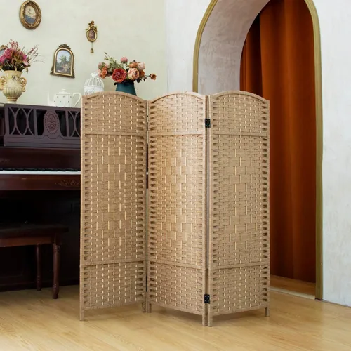 Vista 16 de Divisor de habitación corto compacto de 3 paneles, pantalla plegable de ratán de doble cara de 47.2 pulgadas de alto para el hogar y la oficina
