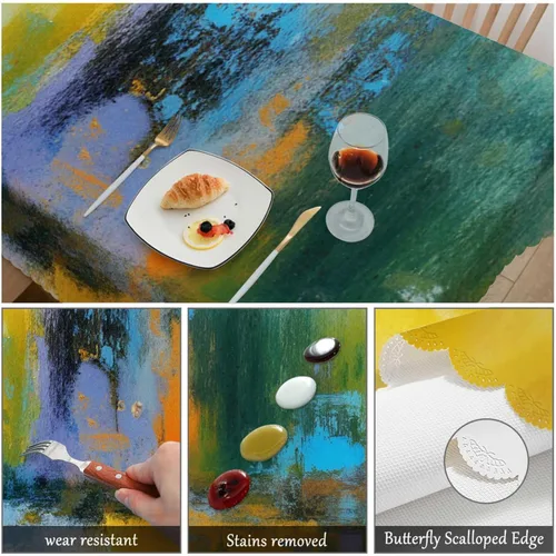 Vista 6 de Swono Mantel rectangular de pintura abstracta, diseño de bola de sol, color amarillo, turquesa, mantel de pícnic, mantel de poliéster para cocina