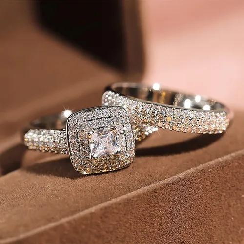 Vista 2 de Juego de 2 piezas de diamantes cuadrados de princesa para parejas, anillos de moda, joyería de compromiso de boda para mujer