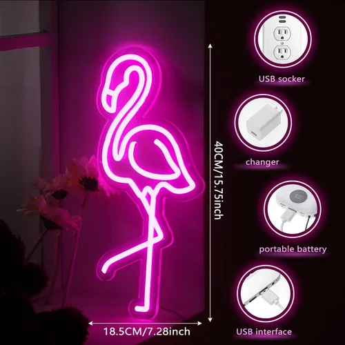 Vista 2 de ROCEEI Letrero de neón LED de flamenco tropical, luces de neón alimentadas por USB, letrero de arte de pared para decoración de Navidad, habitación