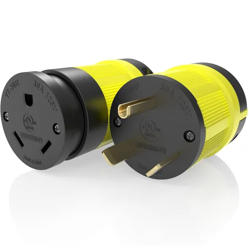 Vista 7 de NEMA TT-30R, 30 amperios, 125 voltios, conector hembra de remolque RV de hoja recta, grado industrial negro/amarillo, generador de conexión a tierra