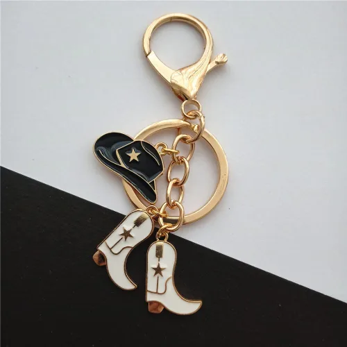 Vista 3 de Lindo llavero de vaquero para hombres y mujeres, sombrero de vaquero y botas de vaquero, joyería creativa para amantes de la joyería occidental