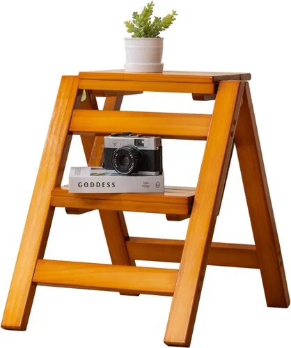 Vista 9 de Latifolia Escalera plegable de 3 escalones, taburete de bambú con protector de suelo, estante decorativo para sala de estar, cocina, jardín