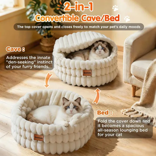 Vista 3 de Cama cueva para gatos de interior cubierta 2 en 1 camas para Beige