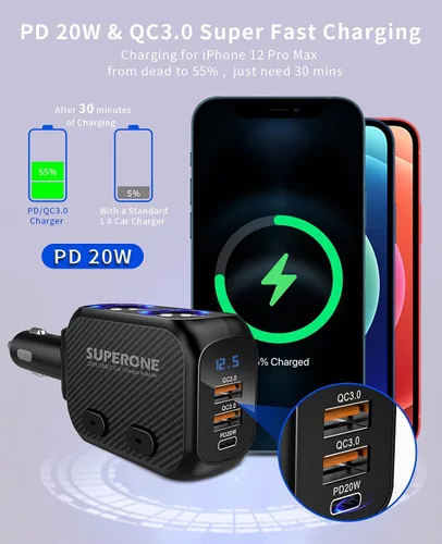 Vista 2 de SUPERONE Divisor de encendedor de cigarrillos de 180 W con PD de 20 W, adaptador de encendedor de cigarrillos de 2 enchufes, cargador rápido USB C