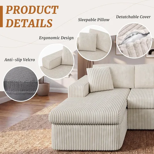Vista 5 de Shintenchi Sofá 104 sin huesos, sofá modular en forma de L con asiento profundo, sofá de espuma de nube con diván de gran tamaño, no requiere Beige