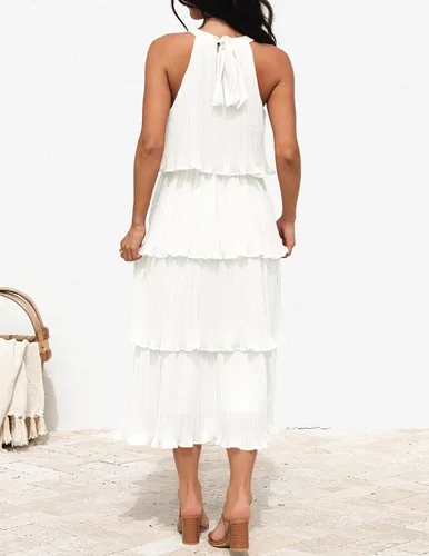 Vista 4 de ZESICA Vestido largo midi de gasa con capas escalonadas y cuello halter para mujer, 2024