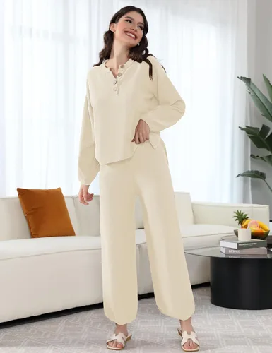 Vista 3 de Conjunto de suéter de 2 piezas para mujer, holgado, acogedor, de manga larga, conjuntos de ropa de descanso