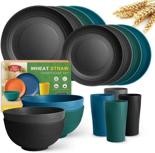 Vista 12 de Teivio Juego de vajilla de plástico de paja de trigo de 16 piezas, servicio para 4, platos de cena, plato de postre, tazones para cereales, tazas