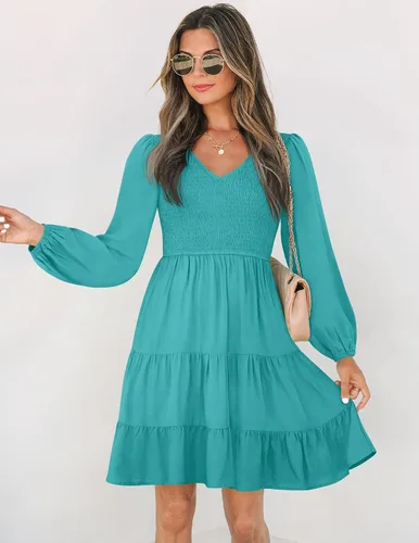 Vista 4 de ZESICA - Minivestido casual con cuello en V y manga larga para mujer, fruncido, de cintura alta y con volantes, vestido acampanado y escalonado