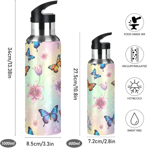 Vista 2 de BPA-Free Sports Water Bottle 20 Oz, Insulated Stainless Steel Water Bottle with Straw for Gym Outdoor Travel School, Colorful Butterflies