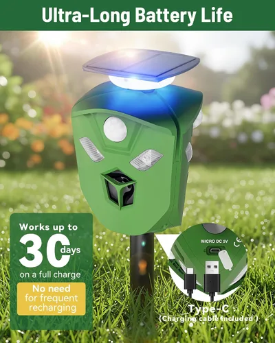 Vista 5 de Repelente solar de animales de 360° para patio y jardín, sin sensor de movimiento de punto ciego para mantener alejados a ciervos, mapaches y gatos