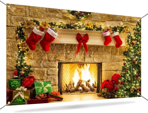 Vista 3 de Mocsicka Telón de fondo de chimenea de Navidad de 7 x 5 pies, caja de regalo de árbol de Navidad, botas rojas, fondo adornado, fondo de fotografía