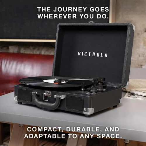 Vista 7 de Victrola Journey Tocadiscos Portátil Bluetooth Tipo Maleta - con Altavoces Integrados, Tocadiscos de Vinilo de 3 Velocidades, Salida RCA, Conector