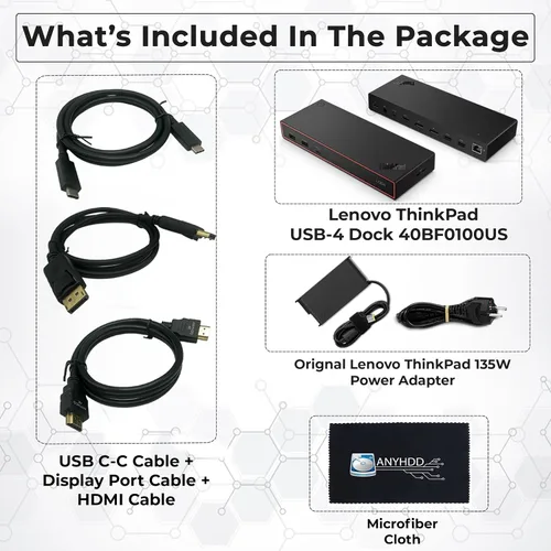 Vista 2 de Lenovo 40BF0100US USB4 Docking Station for Laptops with 100W Adapter, HDMI, DisplayPort, USB C Cables & Cloth - Docking Station