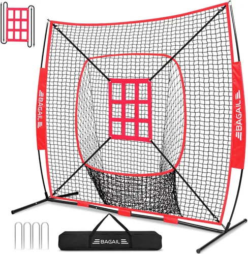 Vista 10 de BAGAIL 7x7 ft Baseball Softball Practice Net Sturdy Bow Frame, Heavy-Duty Mesh for Strong Hits, Including 2 Strike Zones, Carry Bag, Ground